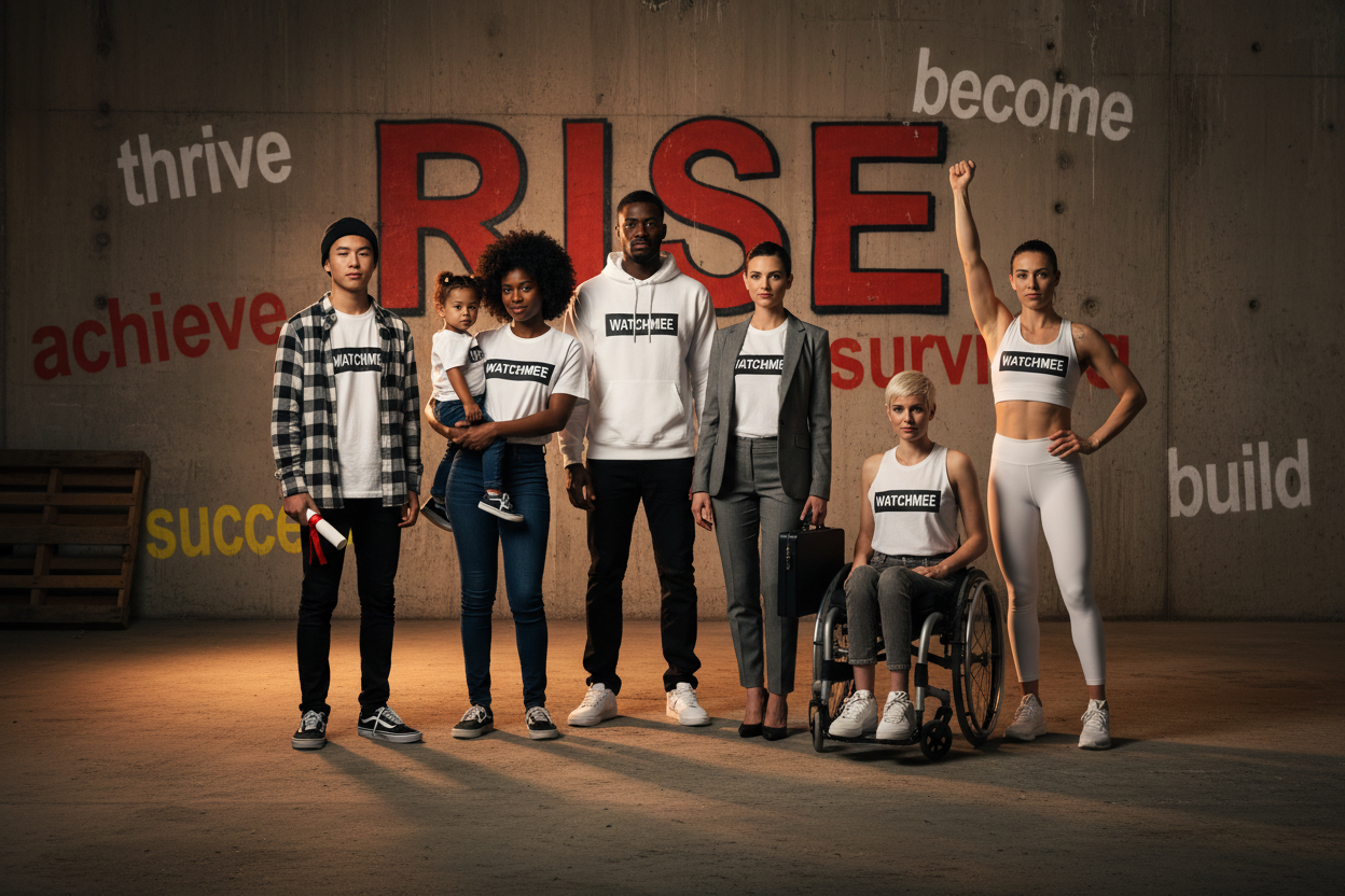 A group of six people, including a person in a wheelchair, standing together in front of a concrete wall with motivational words like 'RISE', 'thrive', 'achieve', 'survive', 'build', and 'become'. They are wearing matching white t-shirts with a WATCHMEE brand logo graphic across the chest, along with various athletic and casual outfits.