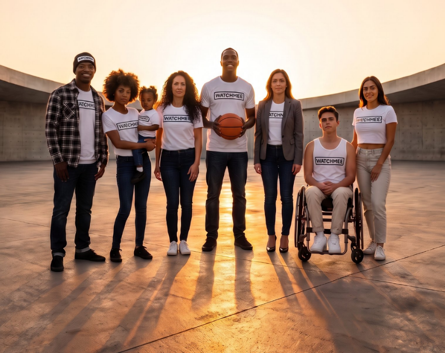 Eight diverse individuals standing together in a concrete bowl arena at sunset, wearing matching white t-shirts with the black text 'WALKWITH'. One person in a wheelchair wears a matching white tank top.
