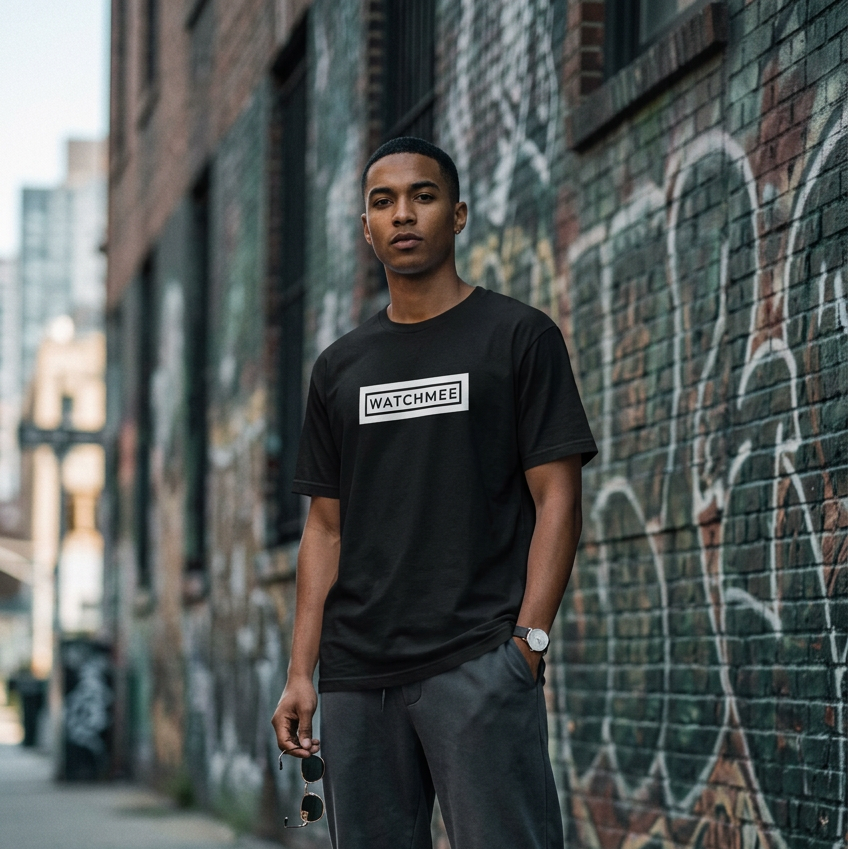 A man wearing a black crewneck t-shirt with a white rectangular 'WATCHIMEE' logo on the chest, standing in an urban alleyway with a graffiti-covered brick wall.